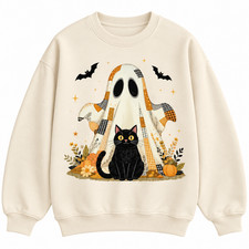 Vintage Halloween Sweatshirt, Patchwork Ghost Black Cat Pumpkin Fall Graphic