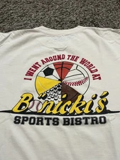 Vintage 90’s Single Stitch Bonicki’s Sports Bistro White T Shirt Size XL Rare