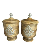 2 GG Collection Wood and Metal Inlay 12" H Heritage Collection Canisters/Urns