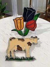 2 Vintage Window Sun Catchers, Tulip Flowers, Cow & Grass- Stained Glass Look