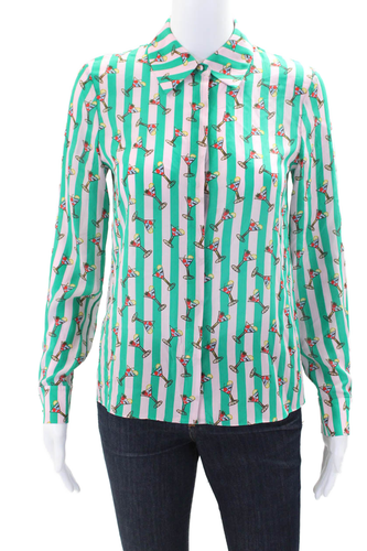 Alice + Olivia Womens Silk Novelty Print Button Up Blouse Top Green Size XS