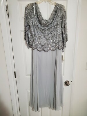 J Kara Women's Petite 3/4 Scallop Beaded Pop Over Gown Silver