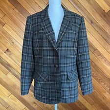Vintage Gray and Blue Plaid Wool Blend Blazer