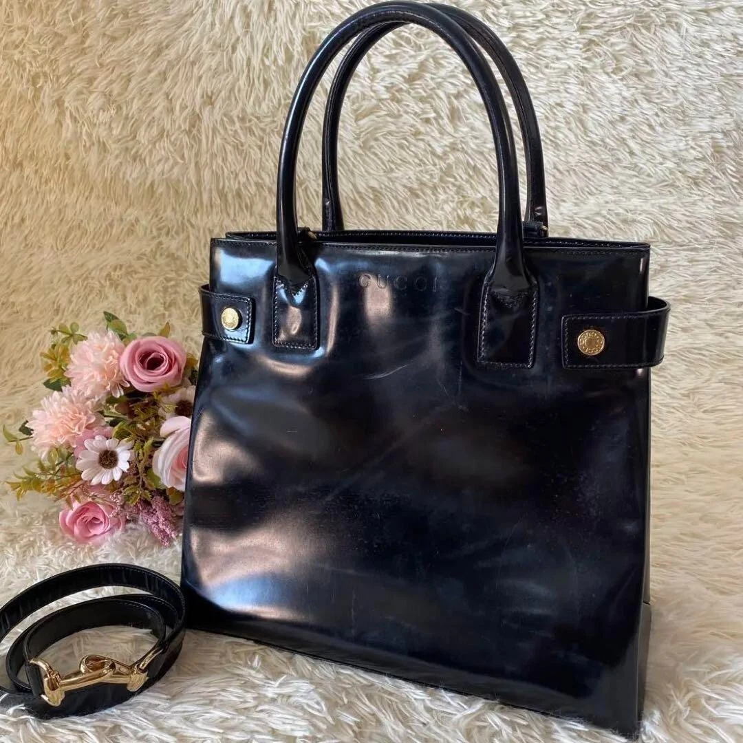Sac fourre tout GUCCI vintage sac à main cuir noir cuir verni OCCASION authentique #S1694