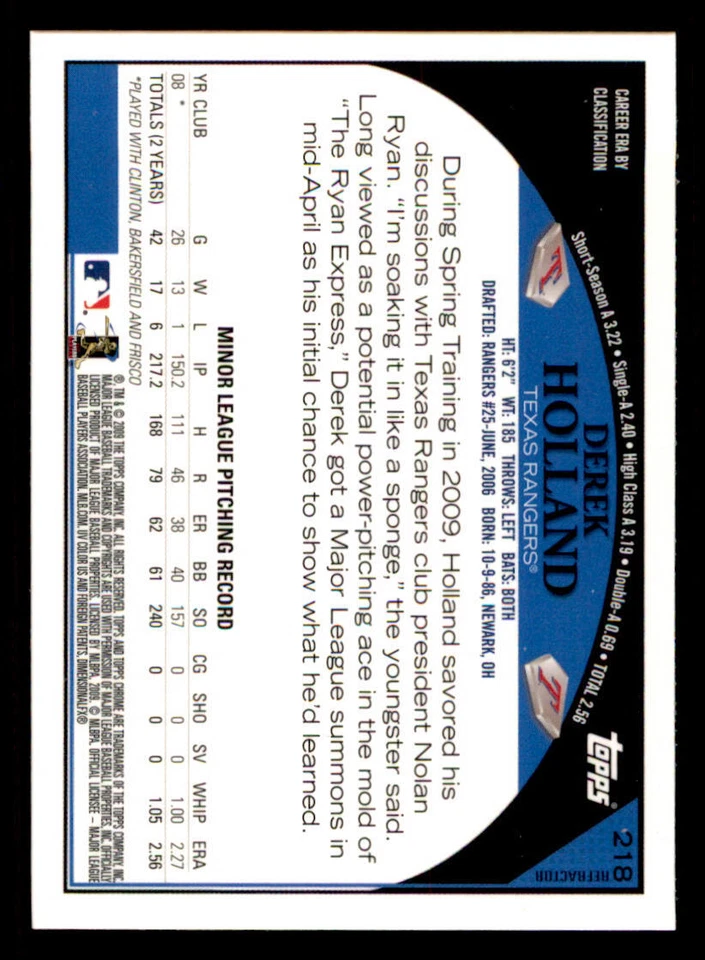 2009 Topps Chrome Refractors #218 Derek Holland - Image 2 of 2