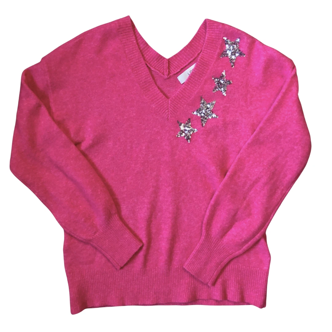 LOFT Womens XS Hot Pink Sweater Silver Sequin Stars Wool Blend