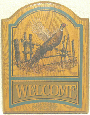RINGNECK PHEASANT 8 1/2'' X 11'' HANDCRAFTED SOLID OAK WELCOME DOOR / WALL PLAQUE