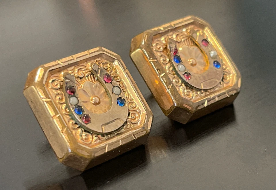 ANTIQUE 1880's GOLD FILLED CUFFLINKS HORSESHOE WITH EMERALD RUBY OPAL STONES - Image 2 of 4