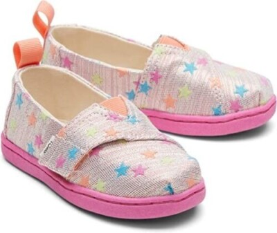 NEW Tiny Toms Alpargata Multi Glimmer Stars Pink Slip On Shoes
