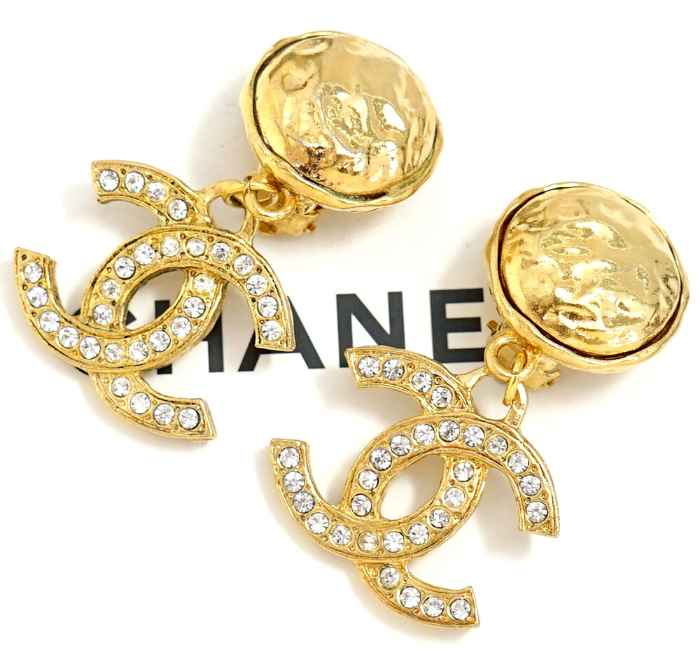 CHANEL CC Logos Rhinestone Round Drop Earrings Gold Tone
