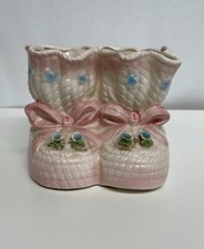 Vintage RELPO 1352 Japan Pink CERAMIC BABY BOOTIES Shoes Nursery PLANTER
