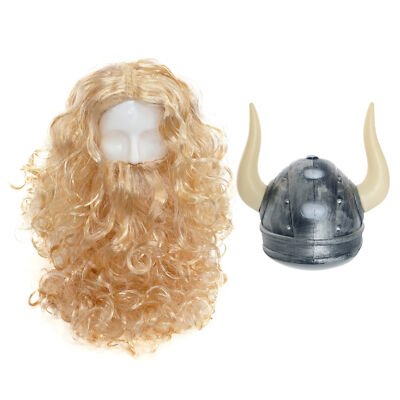 HERREN WIKINGER SILBER HELM BLOND BART + PERÜCKE SET WIKINGER SUPERHELD KLEID KOSTÜM