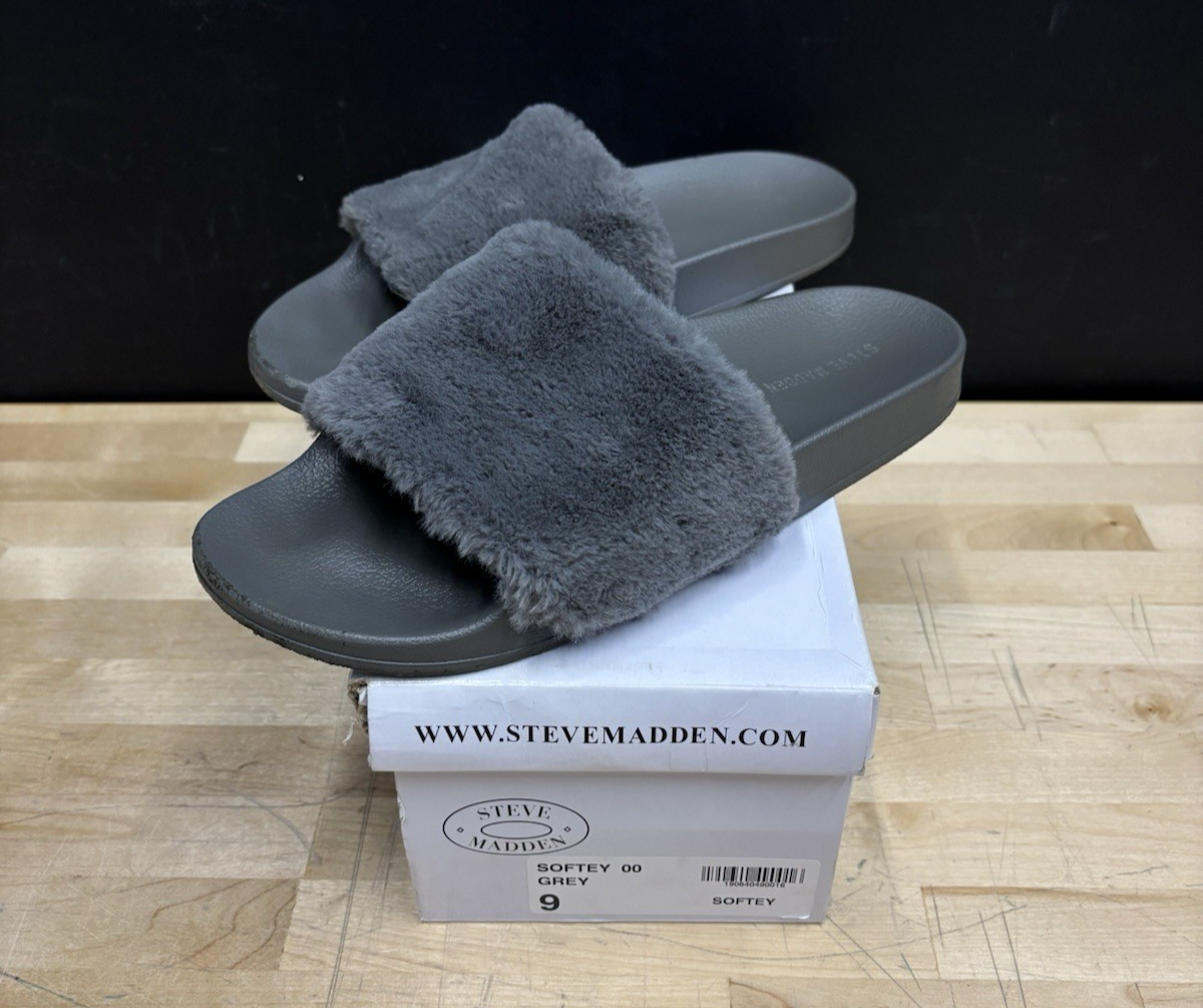 Faux Shearling Fluffy Slides Steve Madden Steve Madden Softey Gray