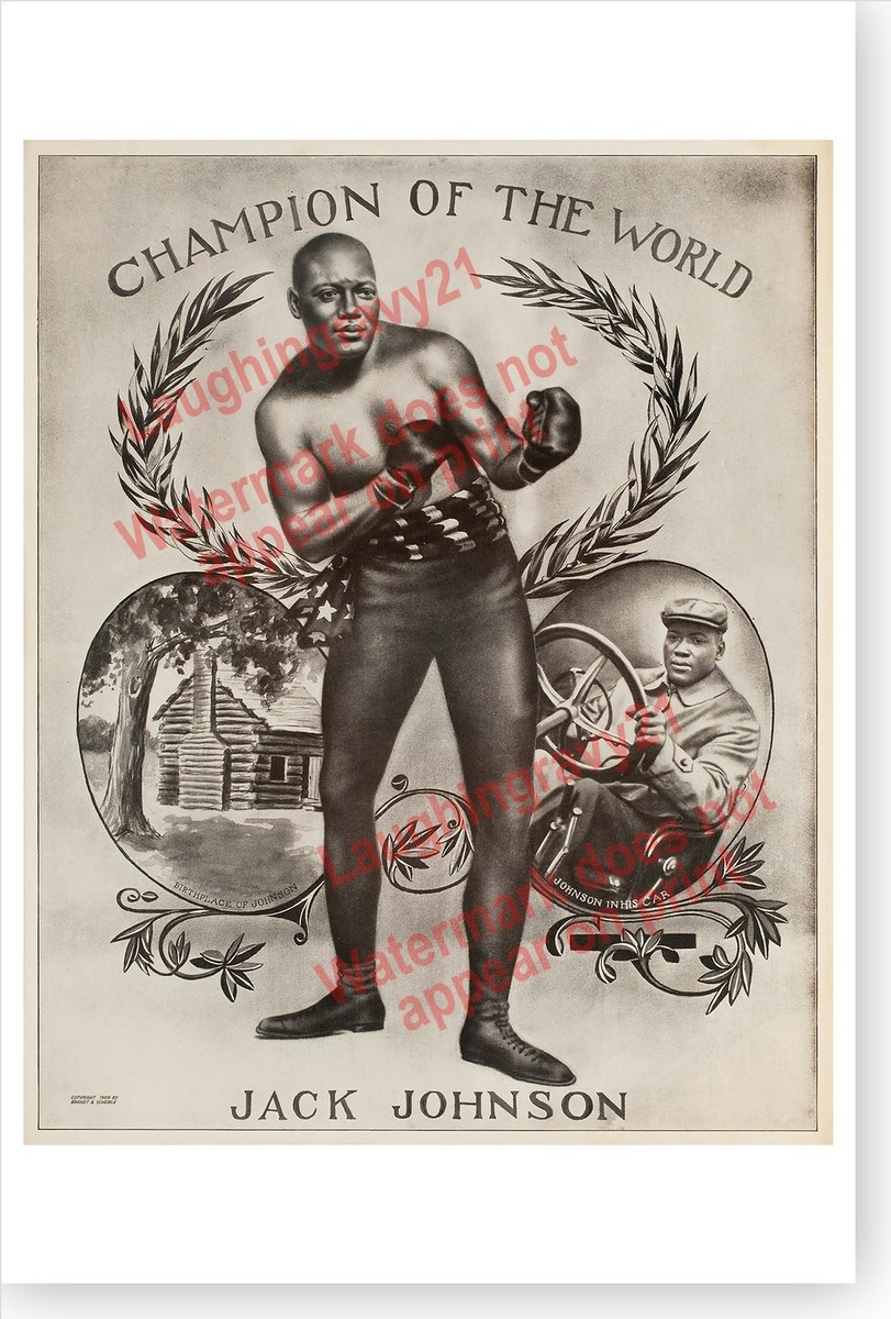 Jack Johnson モノクロポスター Boxer Jack Johnson Champion Of The World Retro 1909 Boxing