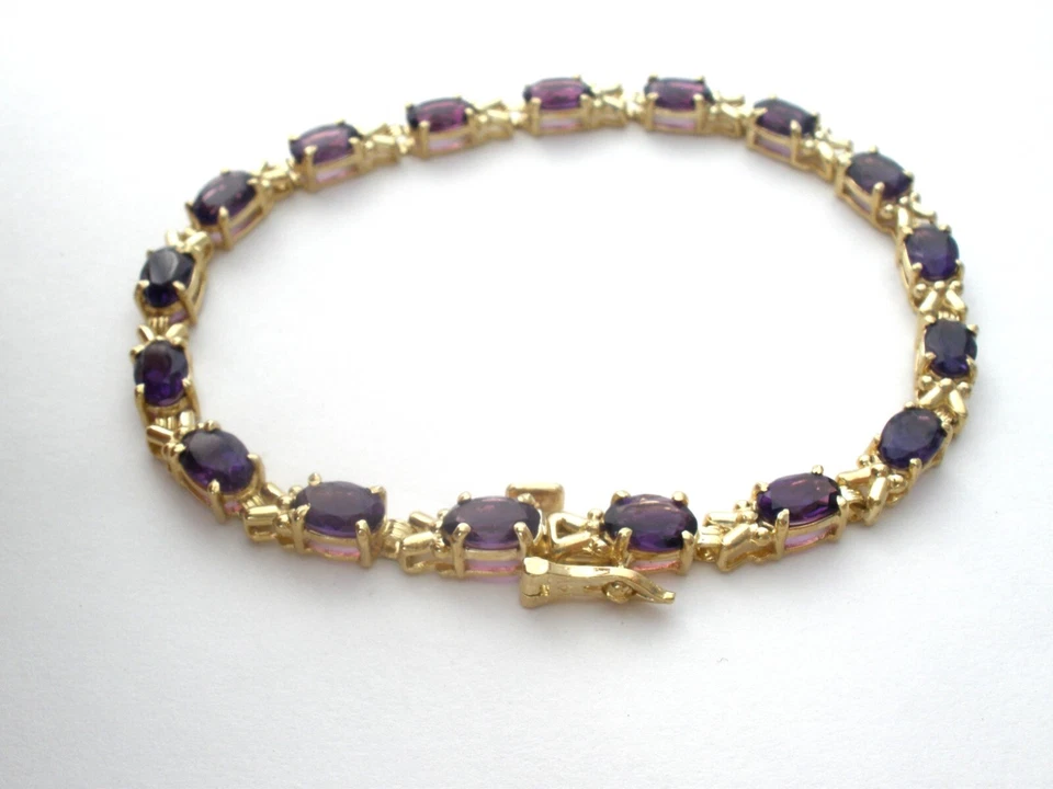 Теннисный браслет с аметистом желтое золото 14 карат 8,5 карата фиолетовые драгоценные камни 7 дюймов винтажный 8,2 г - Изображение 4 из 4