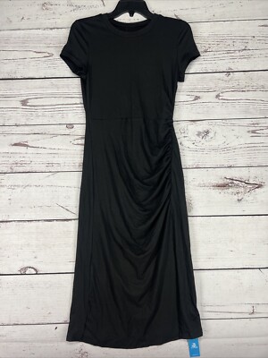 black short sleeve ruched midi dress Zola Round Neck Ruching Short Sleeve Dress