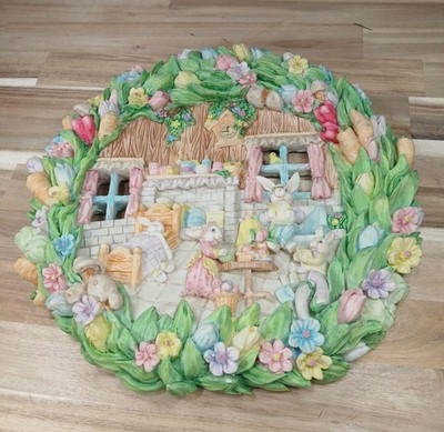 3D Easter Bunny Rabbit Family Home Diarama Resin 11'' Wreath Wall Hanging Spring