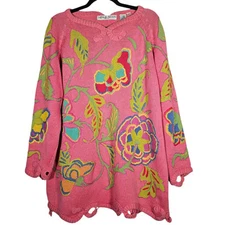 Michael Simon Sweater One Size VTG Pink Floral Embroidered Knit Spring Pullover