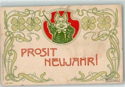 13270596 - New Year Pig Humanized Signed F. Bauer Verlag Eduard Sieger