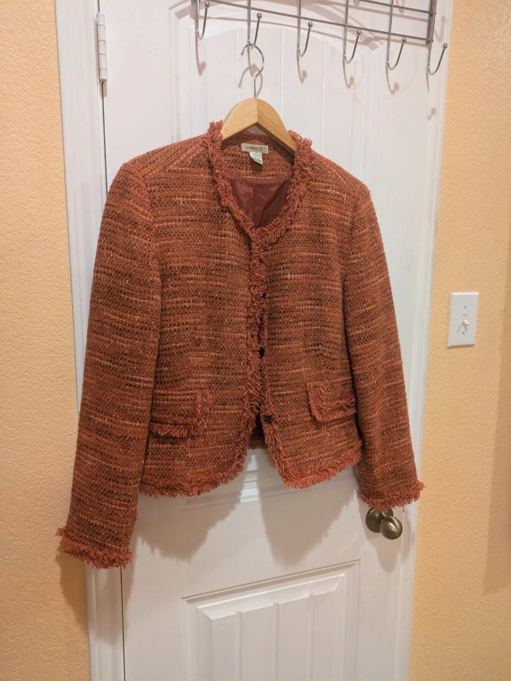 HAROLD'S Mujer 14 Marrón Salmón Tweed Flecos Blazer Mezcla Lana Sin Cuello A Presión Foto 4 de 4