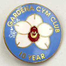 Vintage Gardena Cym Club 10 Year Service Pin Gold Tone Enamel Flower Lapel Hat