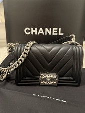 CHANEL Boy Small Black Chevron Shoulder Bag Chain Strap CC Push Lock Silver