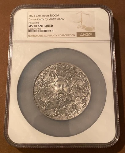 2021- Cameroon- 5 oz-Dante The Divine Comedy 700th- Paradiso- NGC- MS70 Antiqued