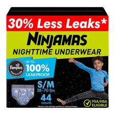 Ninjamas Boys Bedwetting Nighttime Underwear Size S/M 38-70 Lbs 44 Count
