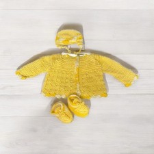 Beautiful Knit Yellow Sweater, Booties and Bonnet Set Infant