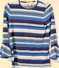Michael Kors Women's Blouse Size P Y2K Blue Striped Petite Flared Sleeves BOHO