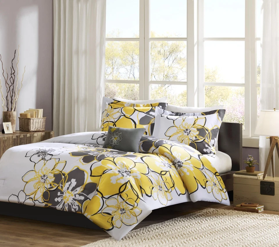Allison Yellow Grey Floral Queen Comforter Set Bedding Soft Microfiber - Image 2 of 4