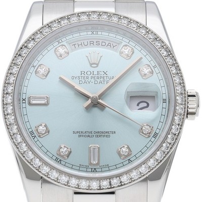 ROLEX Day-Date Watch with Diamond Bezel, 10 Diamonds, Ice Blue 118346A(V) Pt...