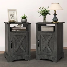Set of 1 Farmhouse Nightstand, Grey End Table with Charging Station, Tall Bedsid