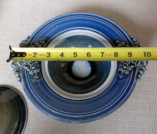 Studio Art Pottery Lidded Dish Bowl Stoneware Blue Glaze Floral Handles Signed - Picture 8 of 9