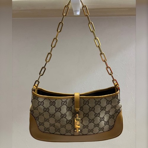 Gucci Jackie GG Canvas Beige Leather Shoulder Bag Gold Chain Strap Piston Lock