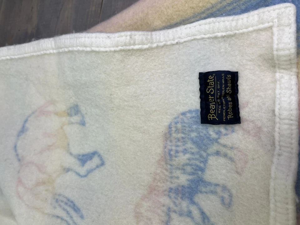 Vintage Pendleton Wool Blanket Baby Blue pink  USA Made animals 39 x 25 elephant - Image 4 of 4