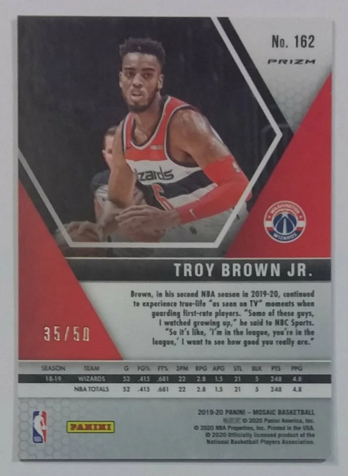 2019-20 Panini Mosaic /50 - FAST BREAK PURPLE PRIZM #162 Troy Brown Jr. /50 - Image 2 of 3