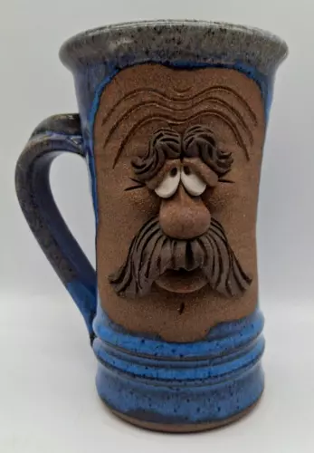 Ugly Face Mug Stoneware Art Pottery 3D Blue Drip Glaze Handmade Signed 7" High