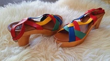 South of the Border ladies 38 sandal shoes Rainbow Leather platform Natural wood