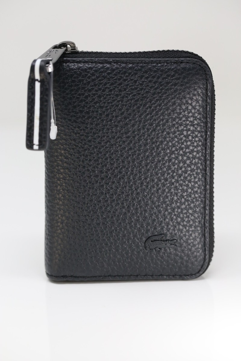 Lacoste Men Unisex Black Leather Zip Wallet Card Holder