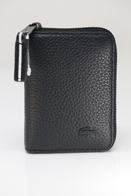 Lacoste Men Unisex Black Leather Zip Wallet Card Holder UK