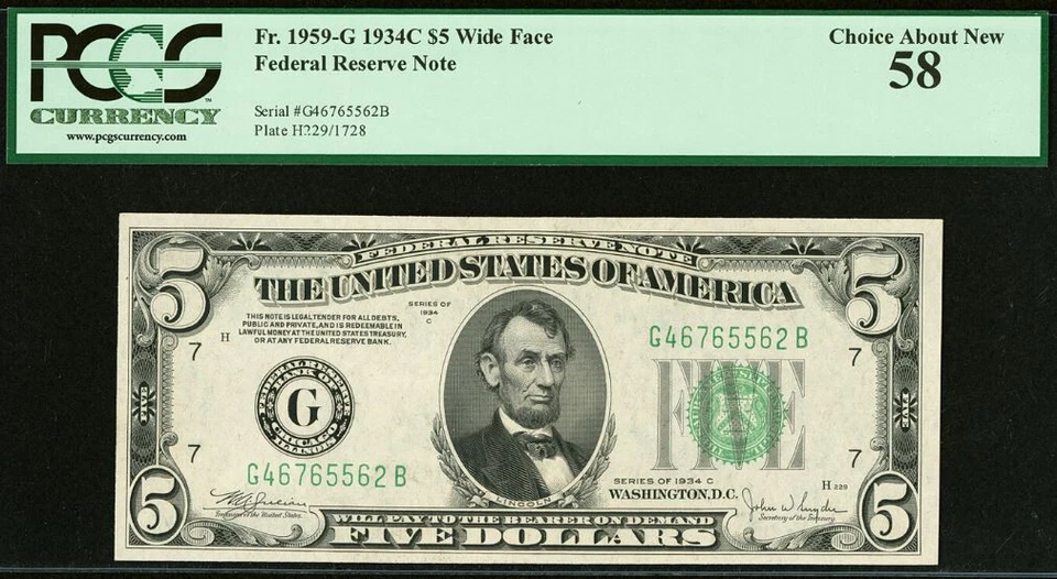 1934C $5 Federal Reserve Note PCGS 58 - Chicago Wide Face - FR-1959-G - Image 2 of 3