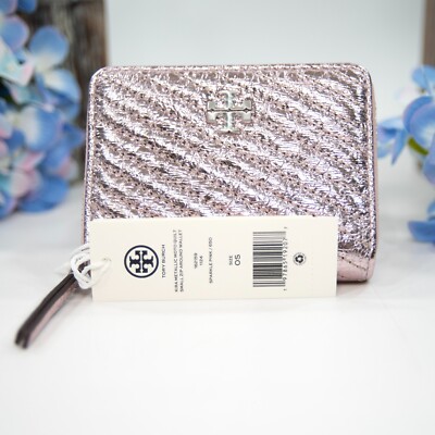 Tory Burch Kira Metallic Moto Quilt Sparkle Pink Leather Small Zip