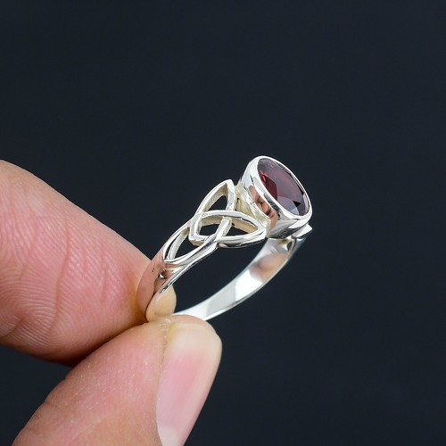 Natural Garnet Gemstone 925 Sterling Silver Triquetra Celtic Knot Ring For Women - Picture 2 of 5