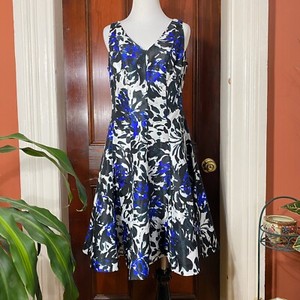 blue and white fit and flare dress