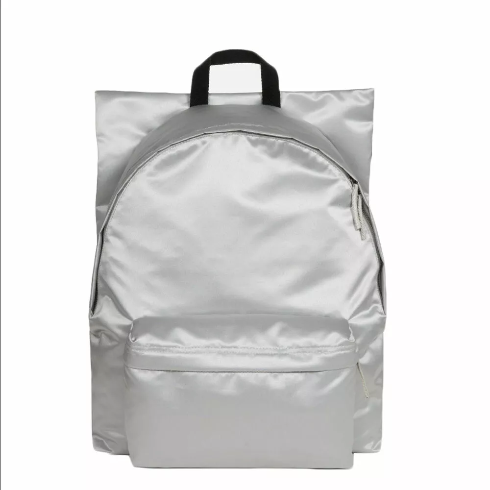 EASTPAK X RAF SIMONS Silver Satin Punk Poster Padded Backpack 31.5L Volume NWT