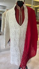 Mens Sherwani - Wedding Red  White - 2 Bottoms 34 - Shawl - Size 46 chest