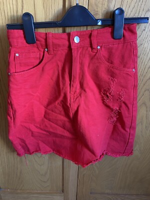 Pretty Little Thing PLT distressed Red Denim Mini Skirt UK UK