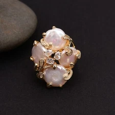 Big Natural White Keshi Coin Pearl Paved Crystal Gold Plated Rings Adjustable