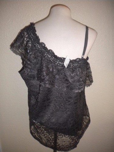 New MAURICES LACE ONE SHOULDER LINED MEDIUM blouse SLATE COLOR shirt top - Picture 2 of 4